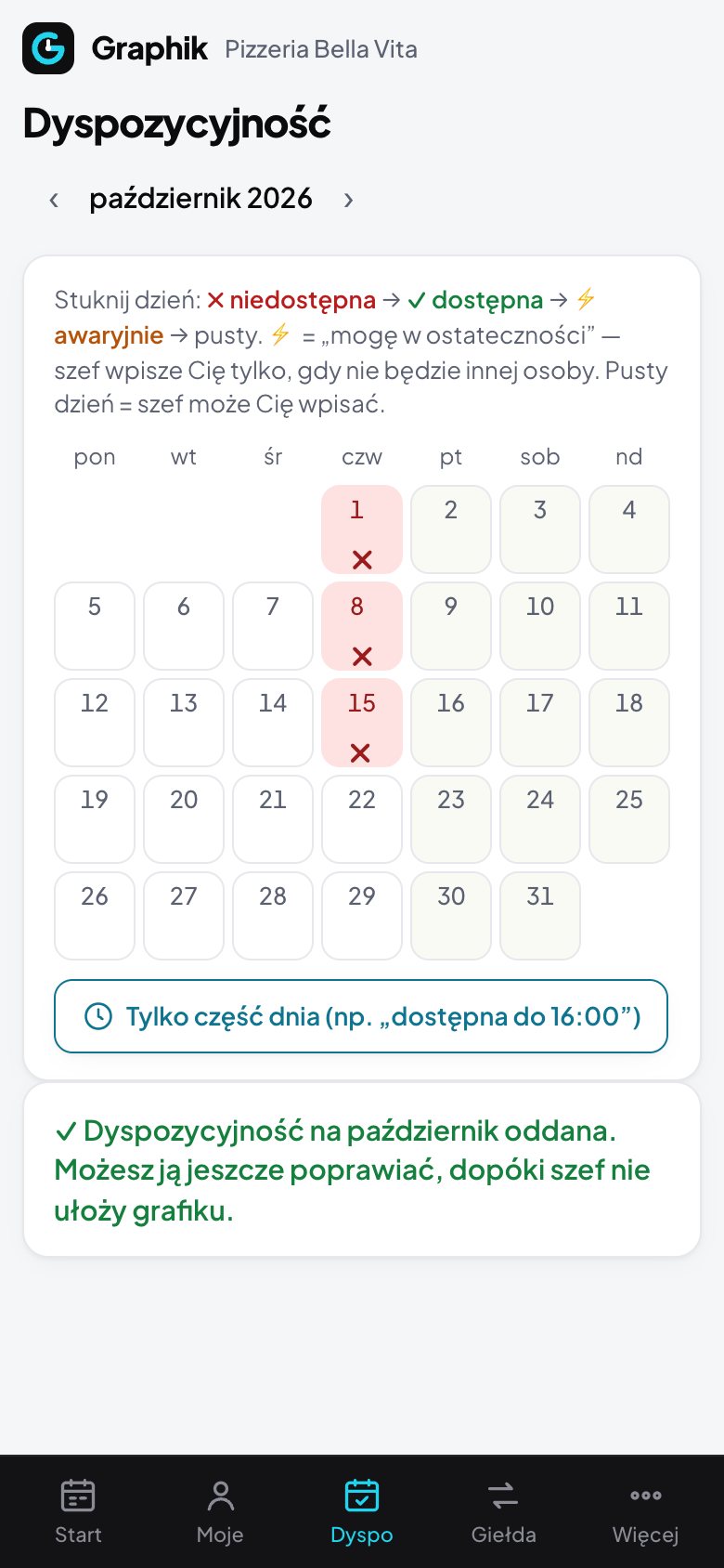 Dyspozycyjność zaznaczana w telefonie